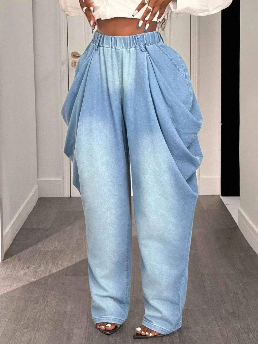 Ruched Wide Leg Jeans-GlossiChic Collection