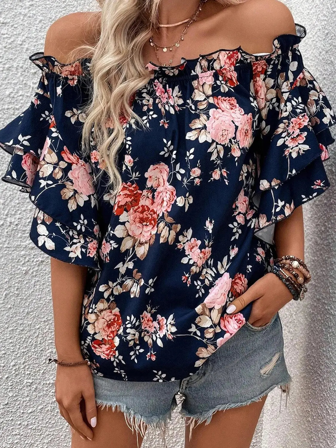Printed Off-Shoulder Flounce Sleeve Blouse - GlossiChic Collection Navy / S GlossiChic Collection Shirts & Tops
