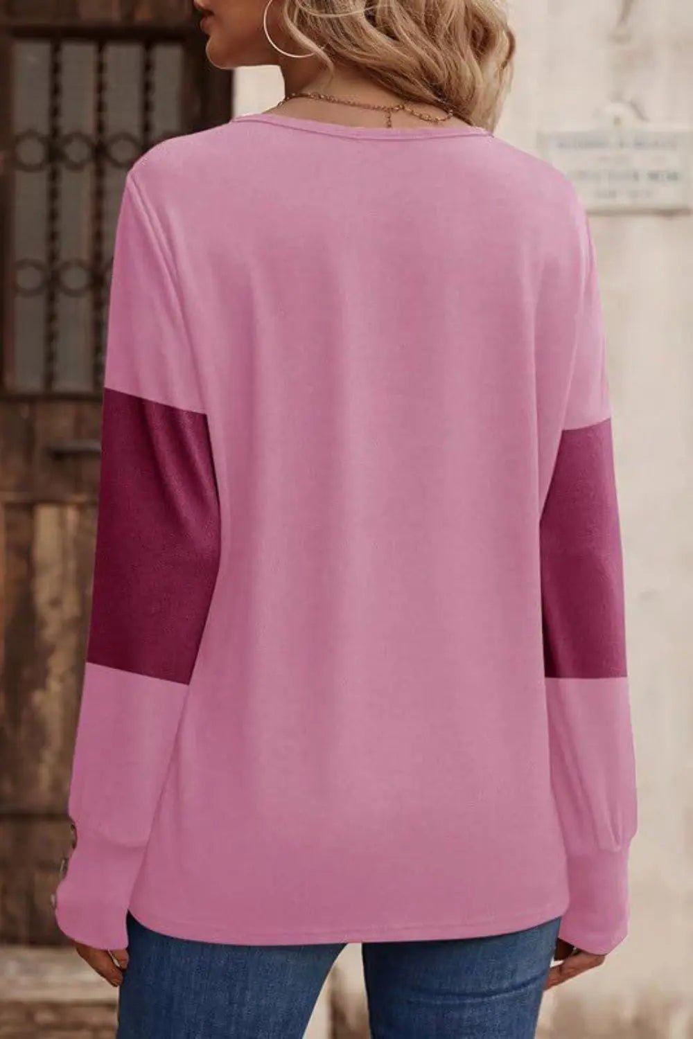 Decorative Button Contrast V-Neck Long Sleeve T-Shirt - GlossiChic Collection Camel / S GlossiChic Collection Shirts & Tops
