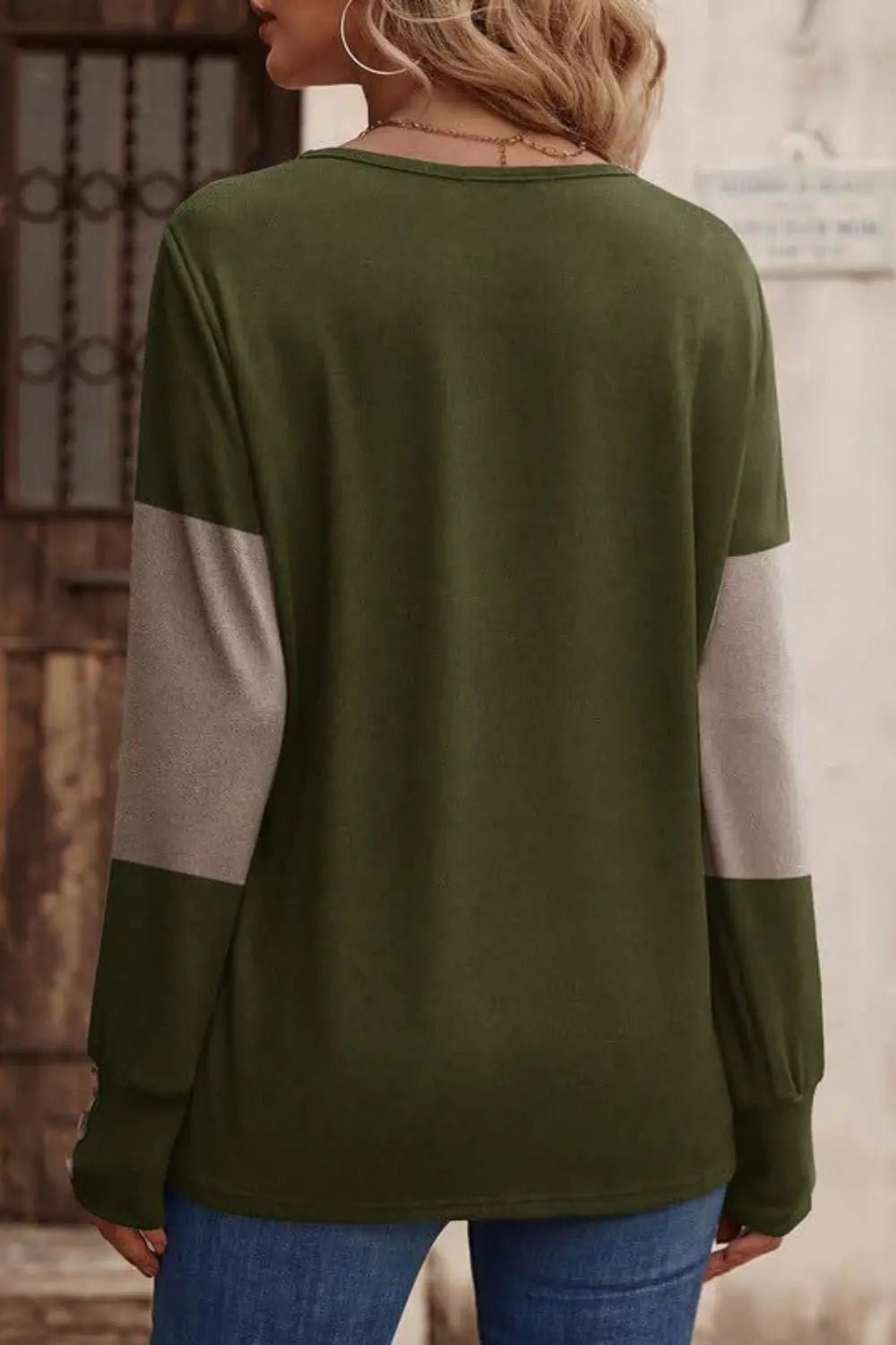 Decorative Button Contrast V-Neck Long Sleeve T-Shirt - GlossiChic Collection Camel / S GlossiChic Collection Shirts & Tops