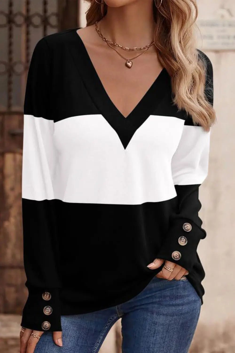 Decorative Button Contrast V-Neck Long Sleeve T-Shirt - GlossiChic Collection White / S GlossiChic Collection Shirts & Tops