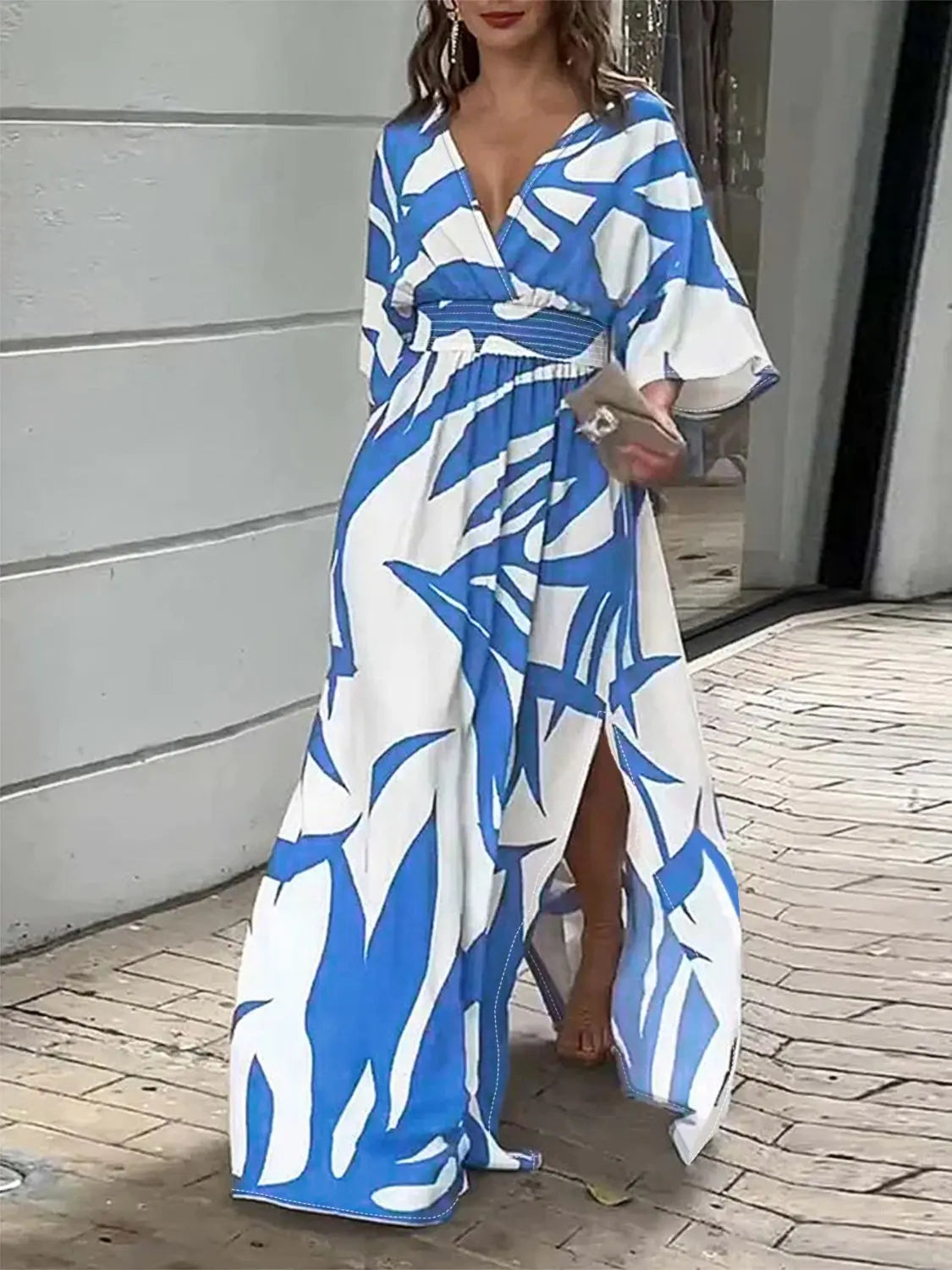 Slit Printed Surplice Maxi Dress - GlossiChic Collection Ultra marine / S GlossiChic Collection Dresses
