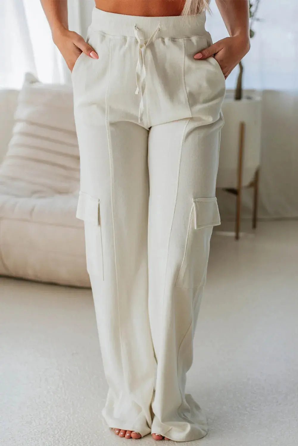 Drawstring High Waist Pants with Pockets - GlossiChic Collection Ivory / S GlossiChic Collection Jeans, Pants, & Shorts