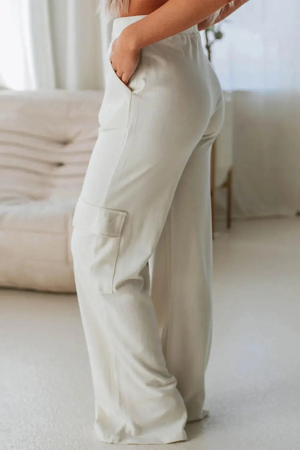 Drawstring High Waist Pants with Pockets - GlossiChic Collection Ivory / S GlossiChic Collection Jeans, Pants, & Shorts