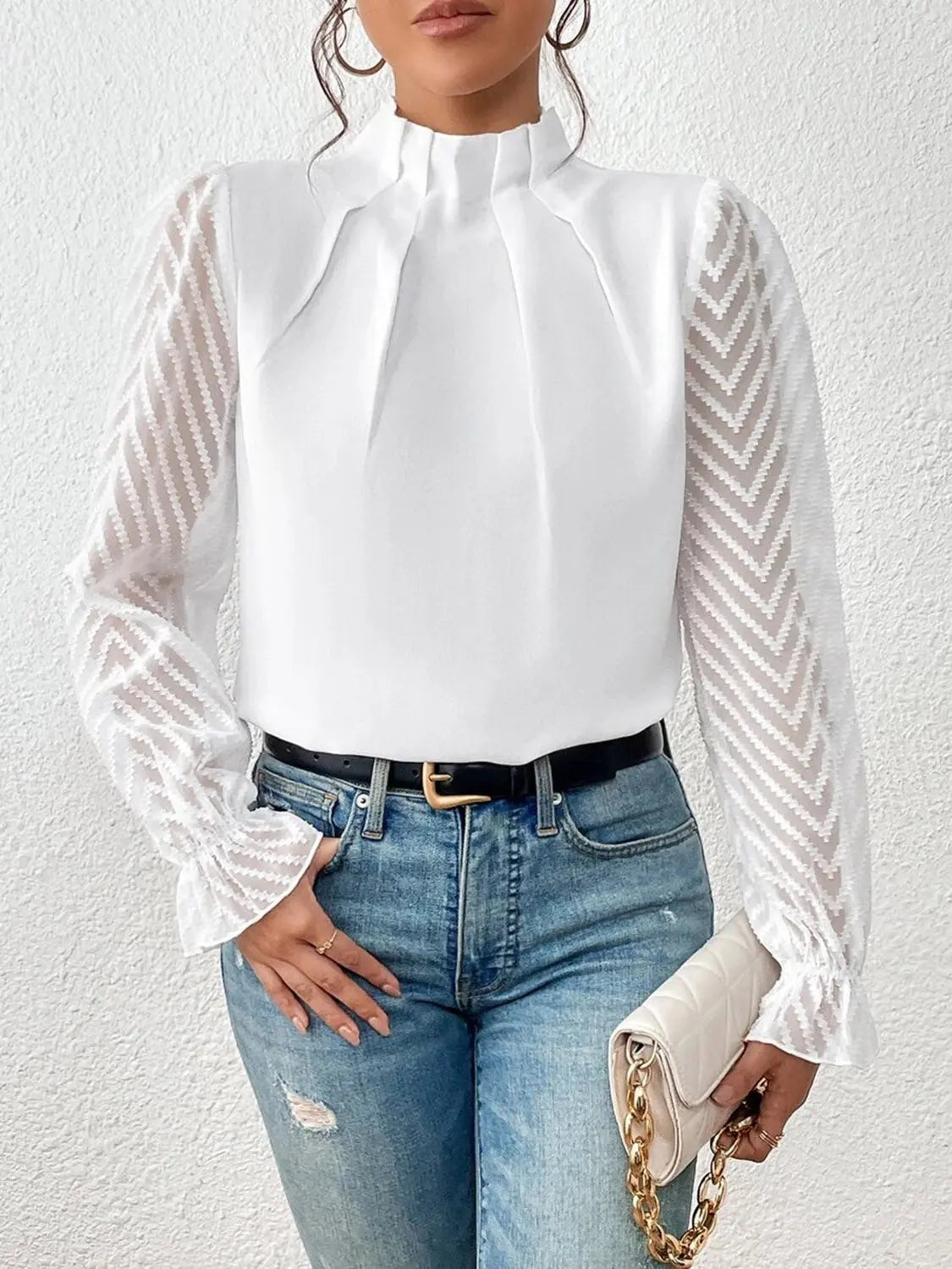 Mock Neck Flounce Sleeve Blouse - GlossiChic Collection White / S GlossiChic Collection Shirts & Tops