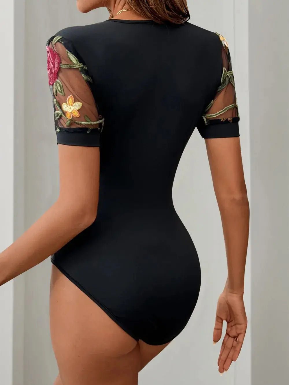 Embroidered V-Neck Floral Bodysuit - GlossiChic Collection Black / S GlossiChic Collection Bodysuits