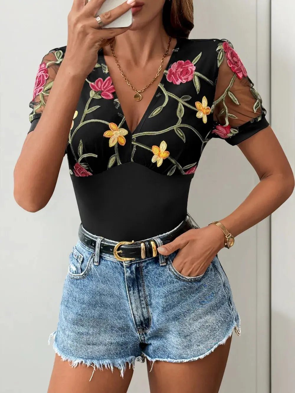 Embroidered V-Neck Floral Bodysuit - GlossiChic Collection Black / S GlossiChic Collection Bodysuits
