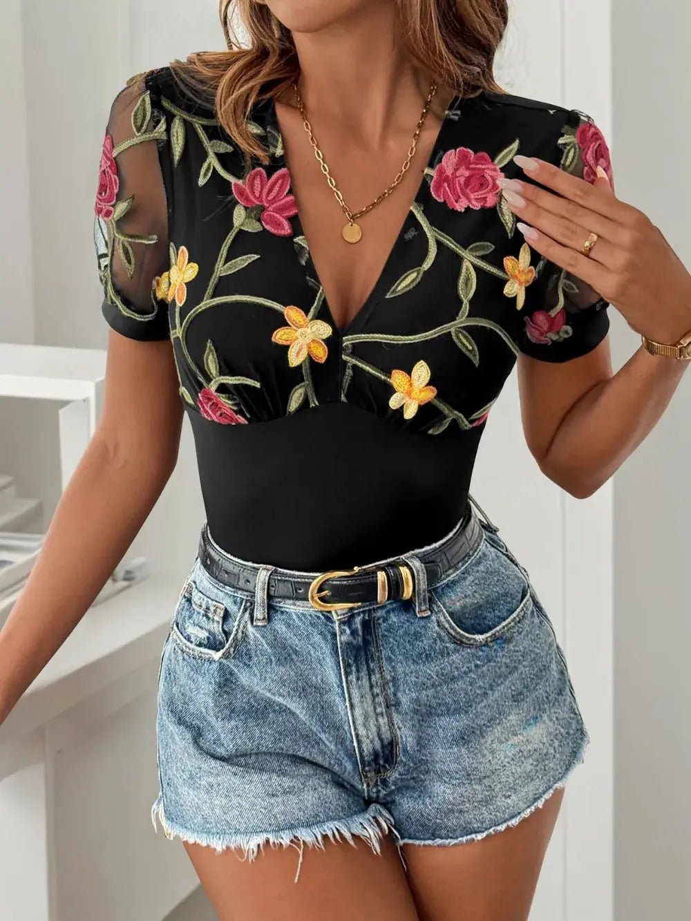 Embroidered V-Neck Floral Bodysuit - GlossiChic Collection Black / S GlossiChic Collection Bodysuits