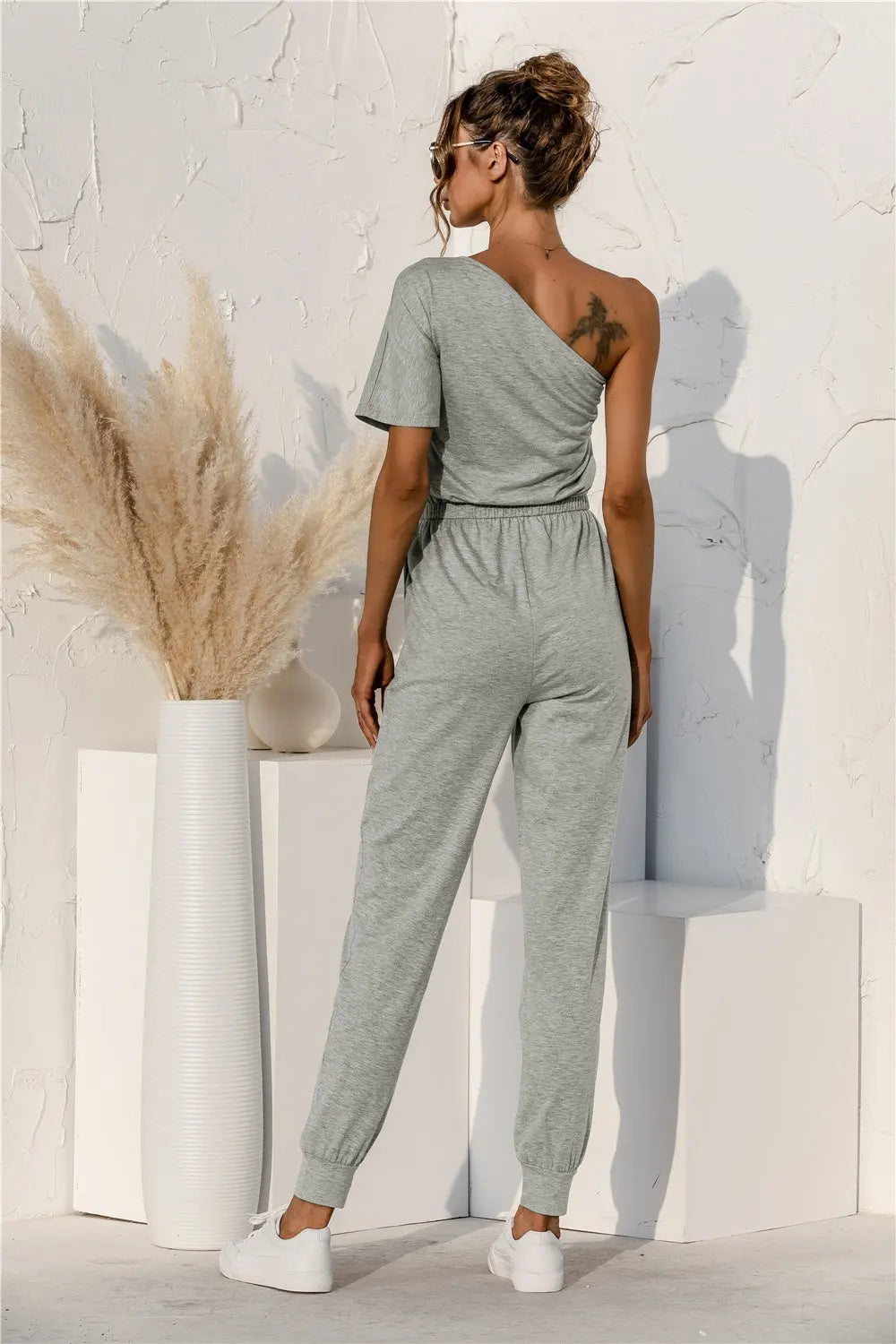 Single Shoulder Short Sleeve Jumpsuit - GlossiChic Collection Heather Gray / S GlossiChic Collection Jumpers & Rompers