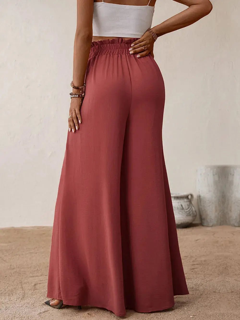 Frill Tied Wide Leg Pants - GlossiChic Collection Rust / S GlossiChic Collection Jeans, Pants, & Shorts