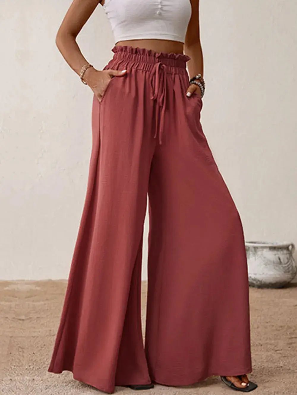 Frill Tied Wide Leg Pants - GlossiChic Collection Rust / S GlossiChic Collection Jeans, Pants, & Shorts