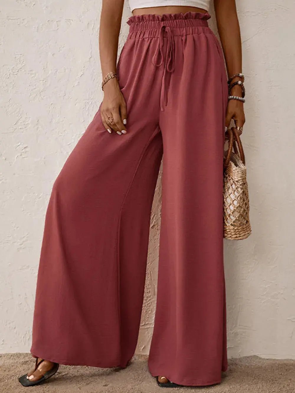Frill Tied Wide Leg Pants - GlossiChic Collection Rust / S GlossiChic Collection Jeans, Pants, & Shorts