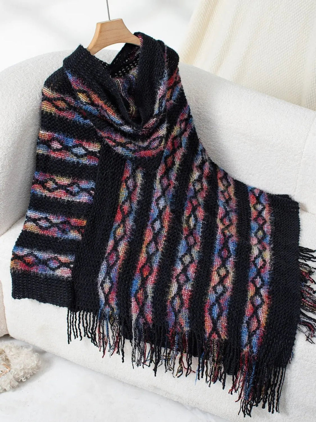 Fringe Contrast Hooded Poncho - GlossiChic Collection Black / One Size GlossiChic Collection Blazer & Cardigan