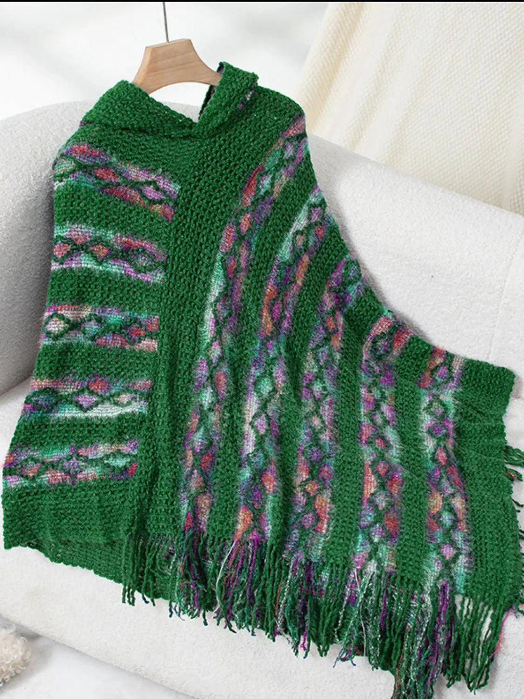 Fringe Contrast Hooded Poncho - GlossiChic Collection Dark Green / One Size GlossiChic Collection Blazer & Cardigan