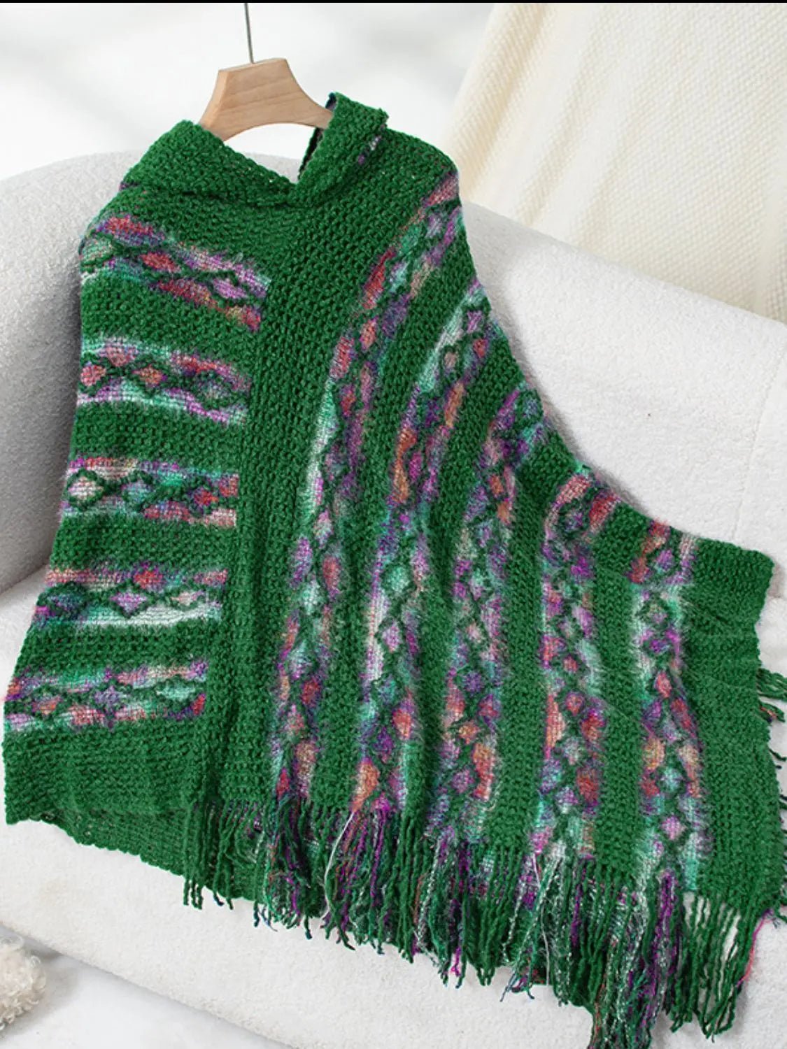 Fringe Contrast Hooded Poncho - GlossiChic Collection Dark Green / One Size GlossiChic Collection Blazer & Cardigan