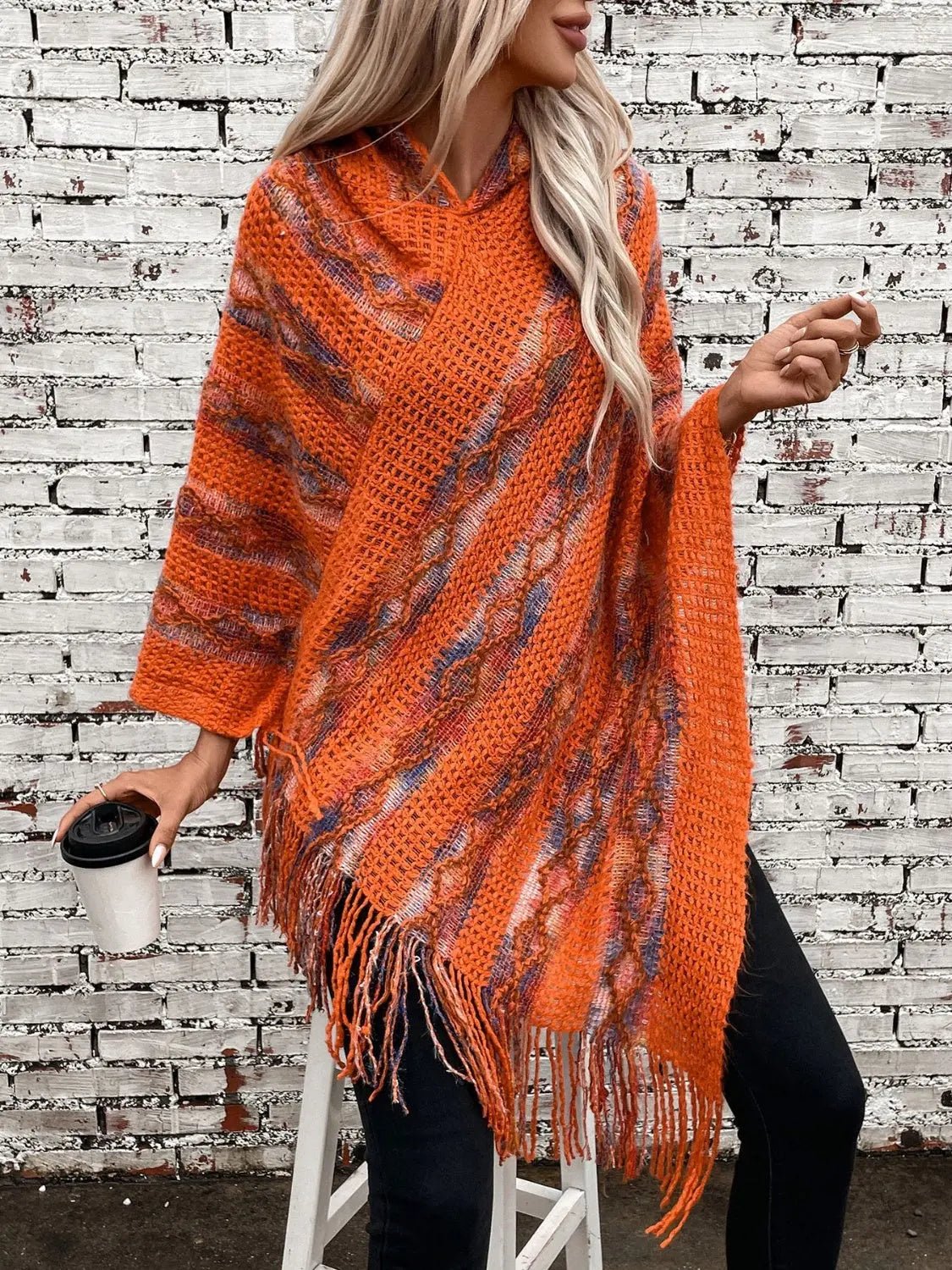 Fringe Contrast Hooded Poncho - GlossiChic Collection Terracotta / One Size GlossiChic Collection Blazer & Cardigan