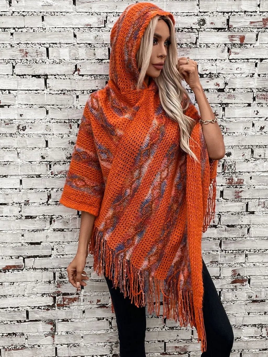 Fringe Contrast Hooded Poncho - GlossiChic Collection Terracotta / One Size GlossiChic Collection Blazer & Cardigan