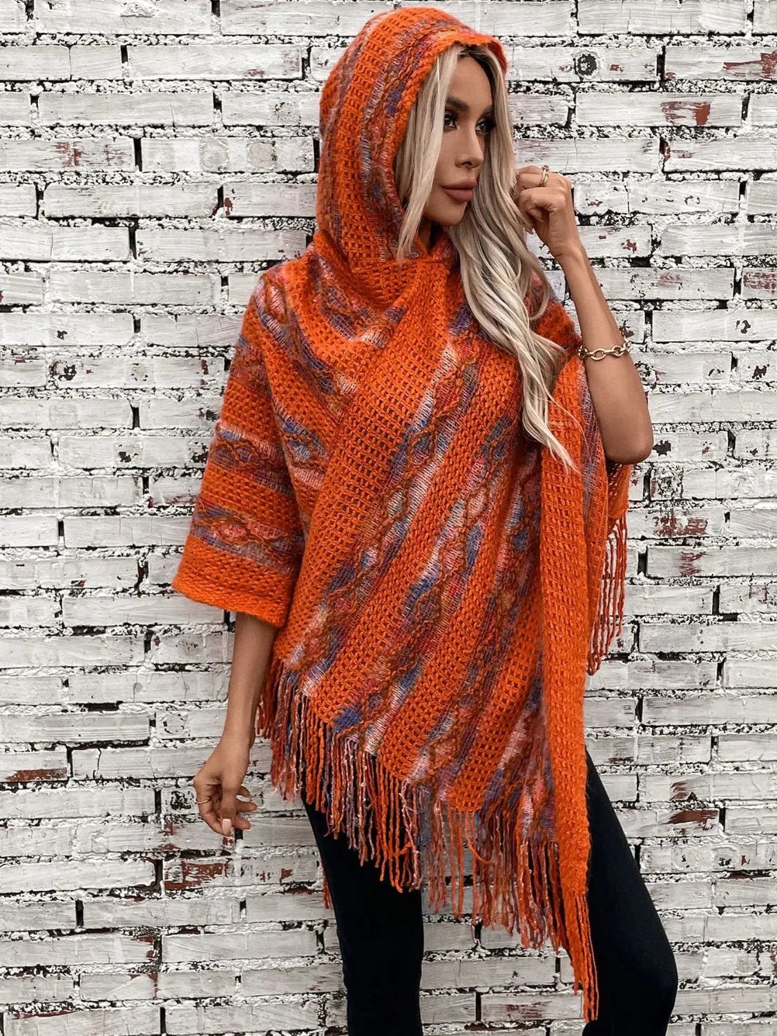 Fringe Contrast Hooded Poncho - GlossiChic Collection Terracotta / One Size GlossiChic Collection Blazer & Cardigan