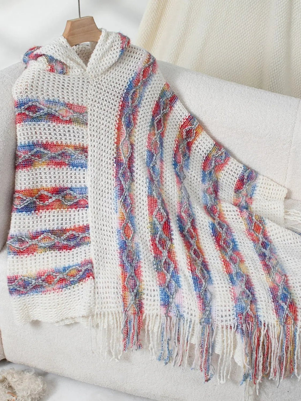 Fringe Contrast Hooded Poncho - GlossiChic Collection White / One Size GlossiChic Collection Blazer & Cardigan