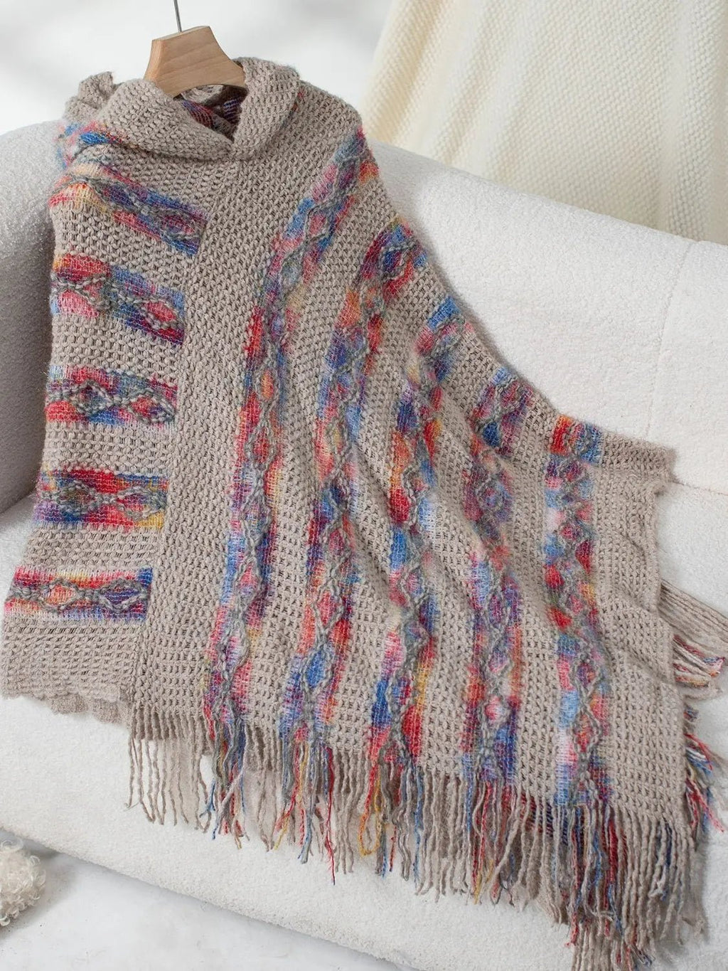 Fringe Contrast Hooded Poncho - GlossiChic Collection Mocha / One Size GlossiChic Collection Blazer & Cardigan