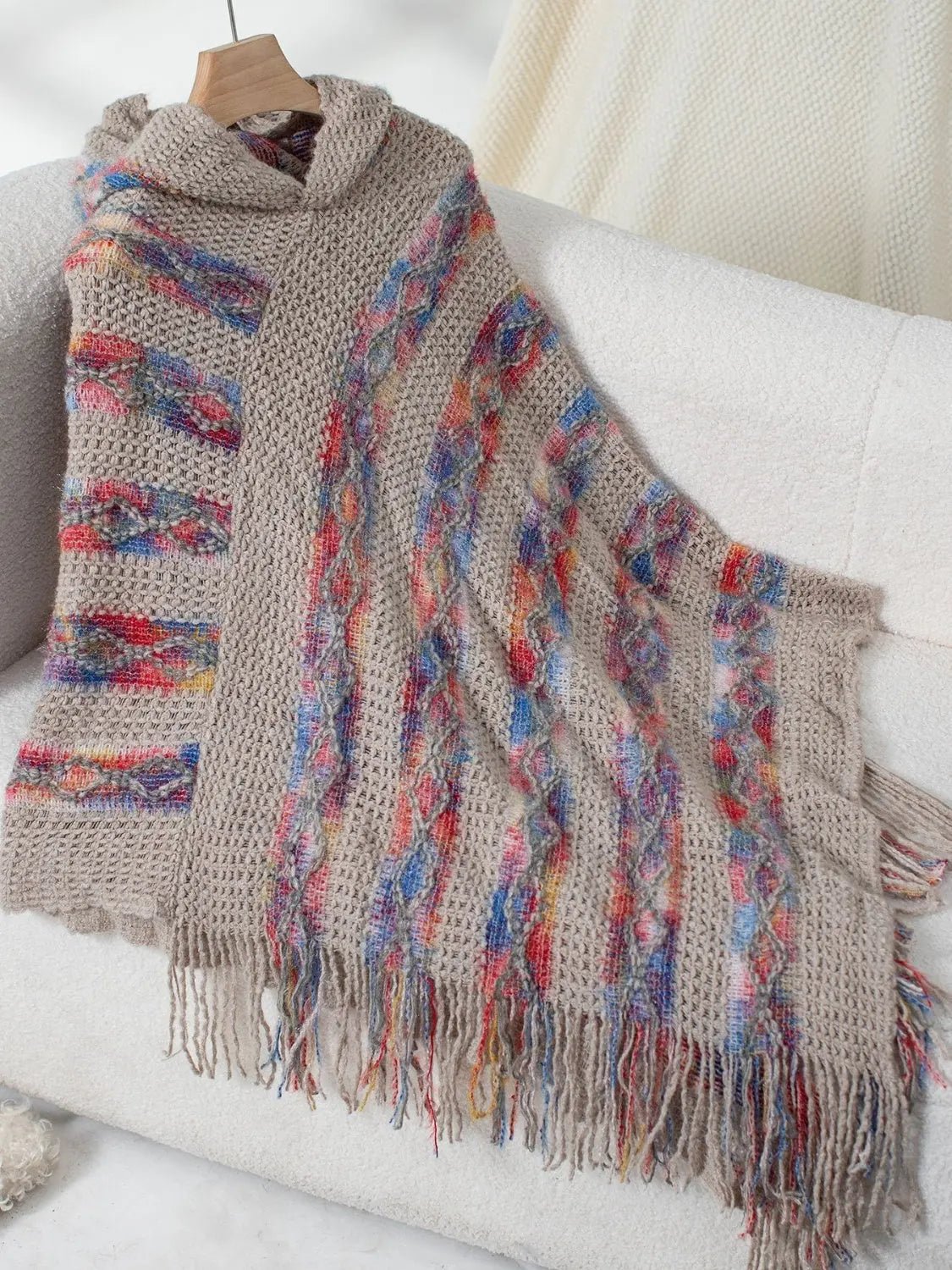 Fringe Contrast Hooded Poncho - GlossiChic Collection Mocha / One Size GlossiChic Collection Blazer & Cardigan