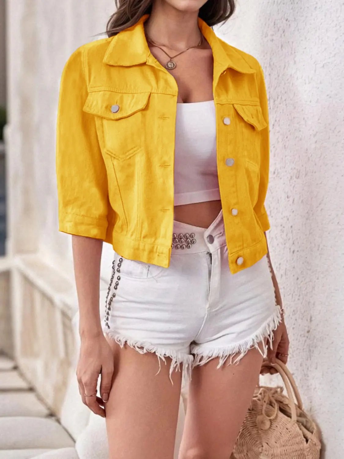 Full Size Cropped Denim Jacket - GlossiChic Collection Gold / S GlossiChic Collection Coats & Jackets