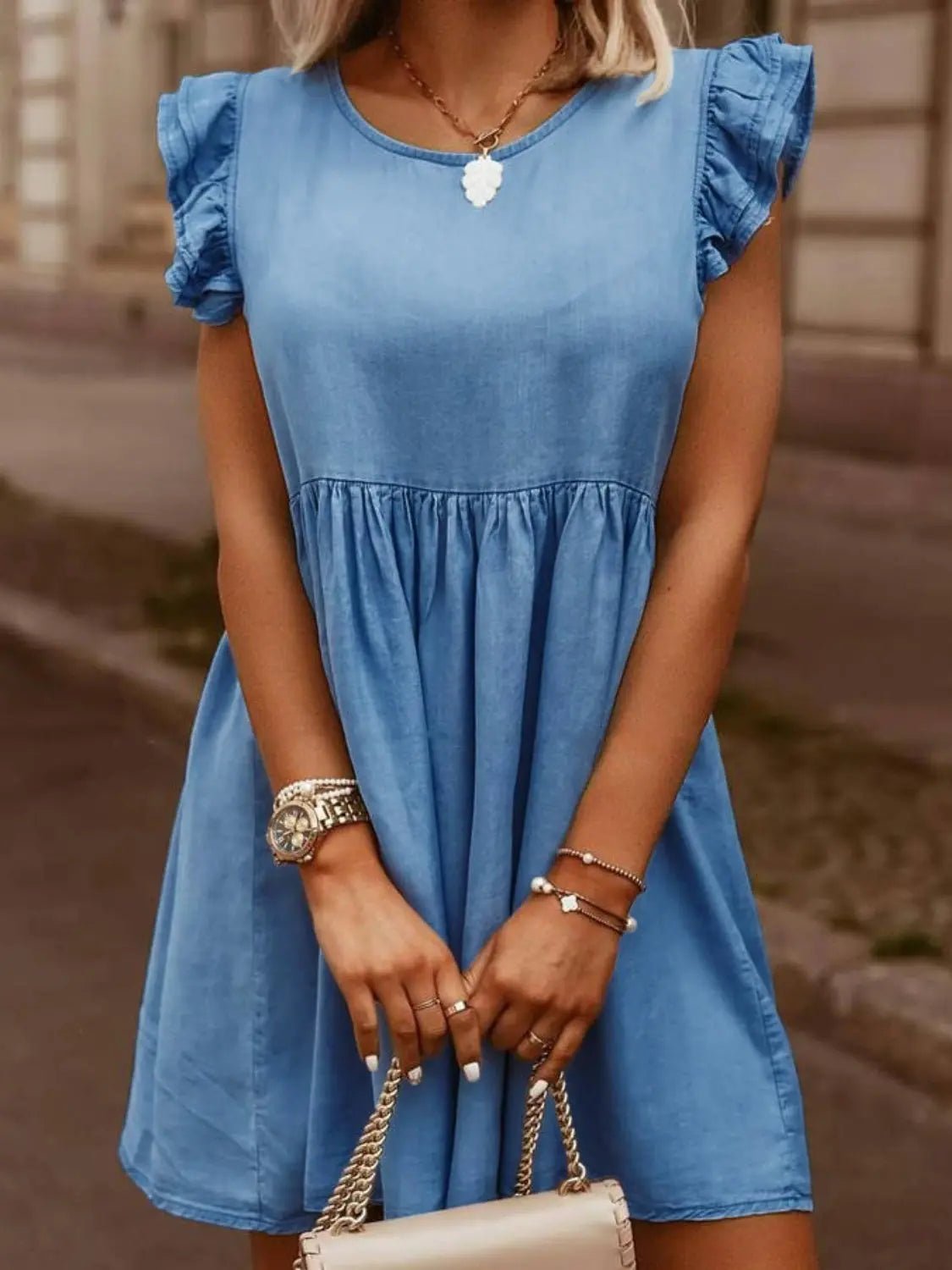 Full Size Ruffled Round Neck Cap Sleeve Denim Dress - GlossiChic CollectionDresses