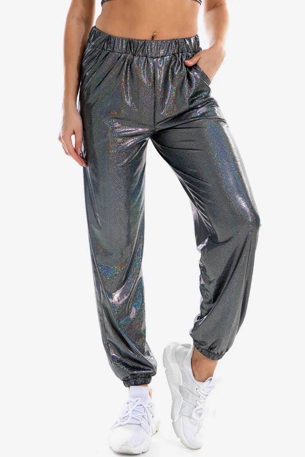 Glitter Elastic Waist Pants with Pockets - GlossiChic CollectionJeans, Pants, & Shorts