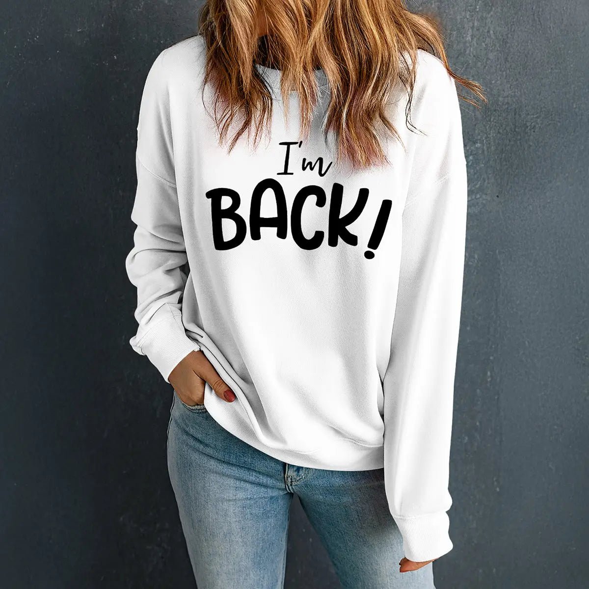 I'M BACK Round Neck Dropped Shoulder Sweatshirt - GlossiChic Collection Navy / S GlossiChic Collection Shirts & Tops