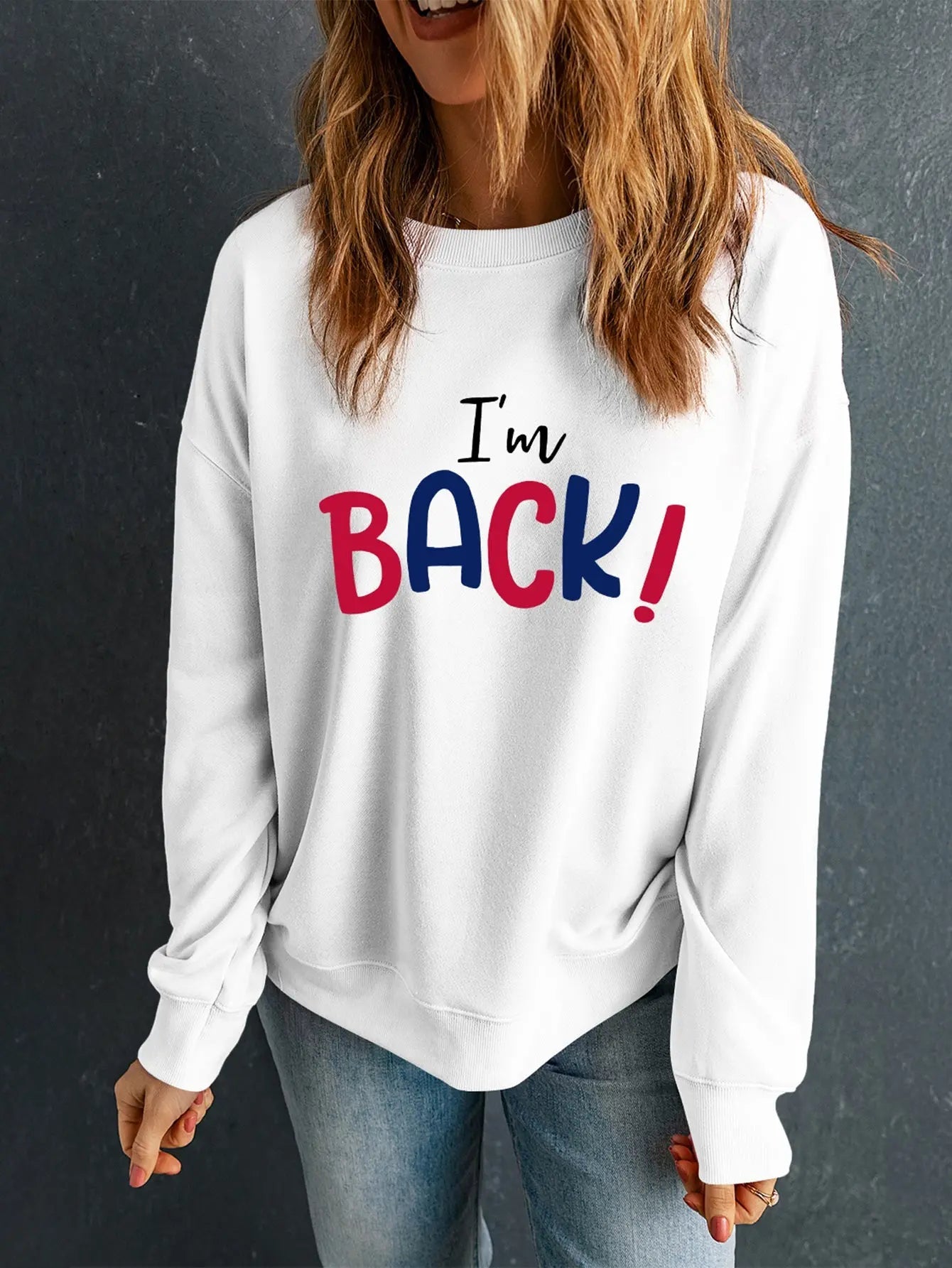 I'M BACK Round Neck Dropped Shoulder Sweatshirt - GlossiChic Collection Navy / S GlossiChic Collection Shirts & Tops