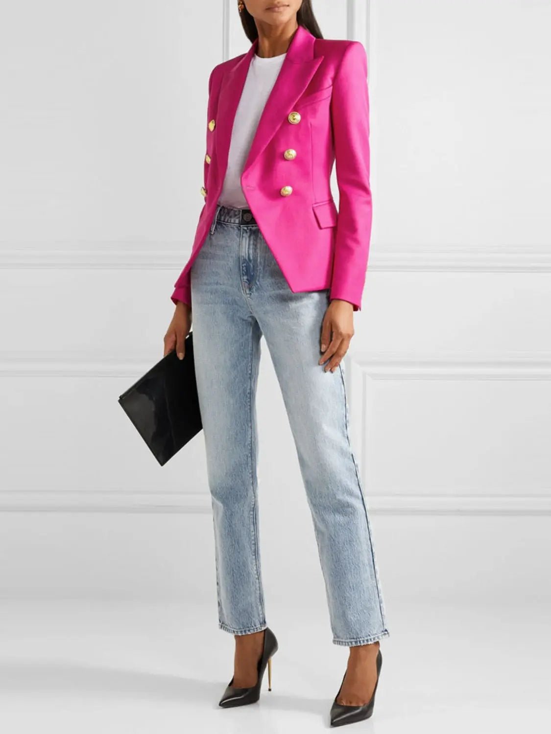 Lapel Collar Long Sleeve Blazer - GlossiChic Collection Hot Pink / S GlossiChic Collection Blazer & Cardigan