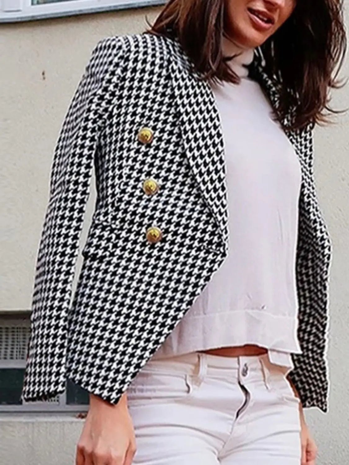 Lapel Collar Long Sleeve Blazer - GlossiChic Collection Houndstooth / S GlossiChic Collection Blazer & Cardigan