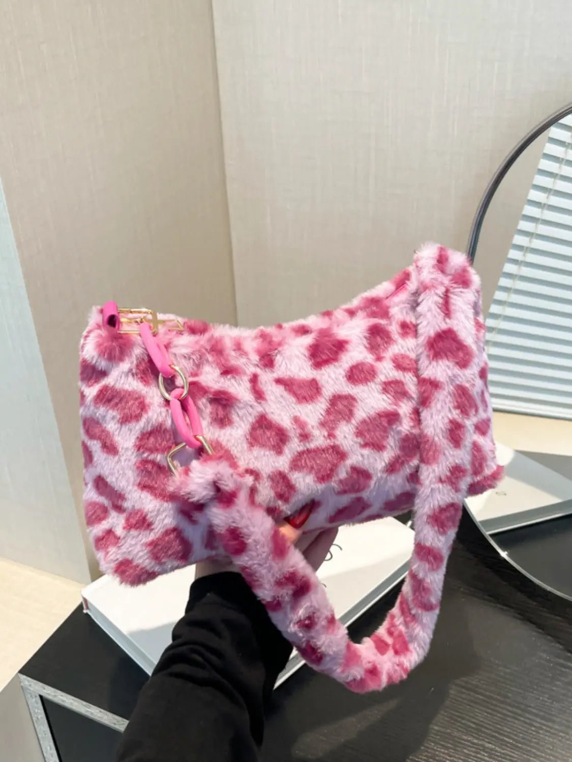 Leopard Fluff Shoulder Bag - GlossiChic Collection Fuchsia Pink / One Size GlossiChic Collection handbags
