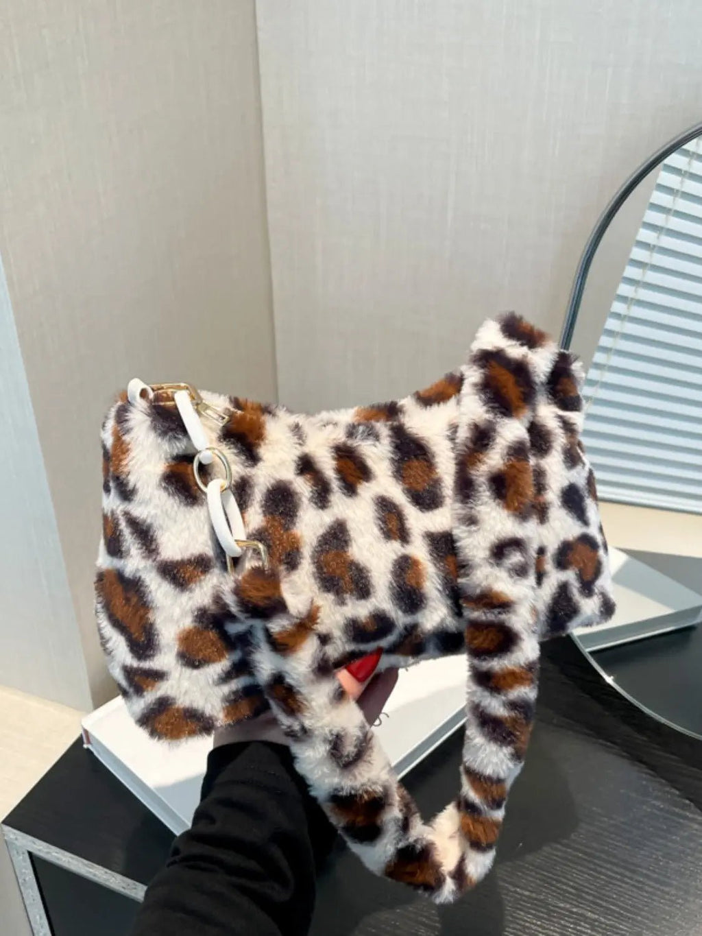 Leopard Fluff Shoulder Bag - GlossiChic Collection Ivory / One Size GlossiChic Collection handbags