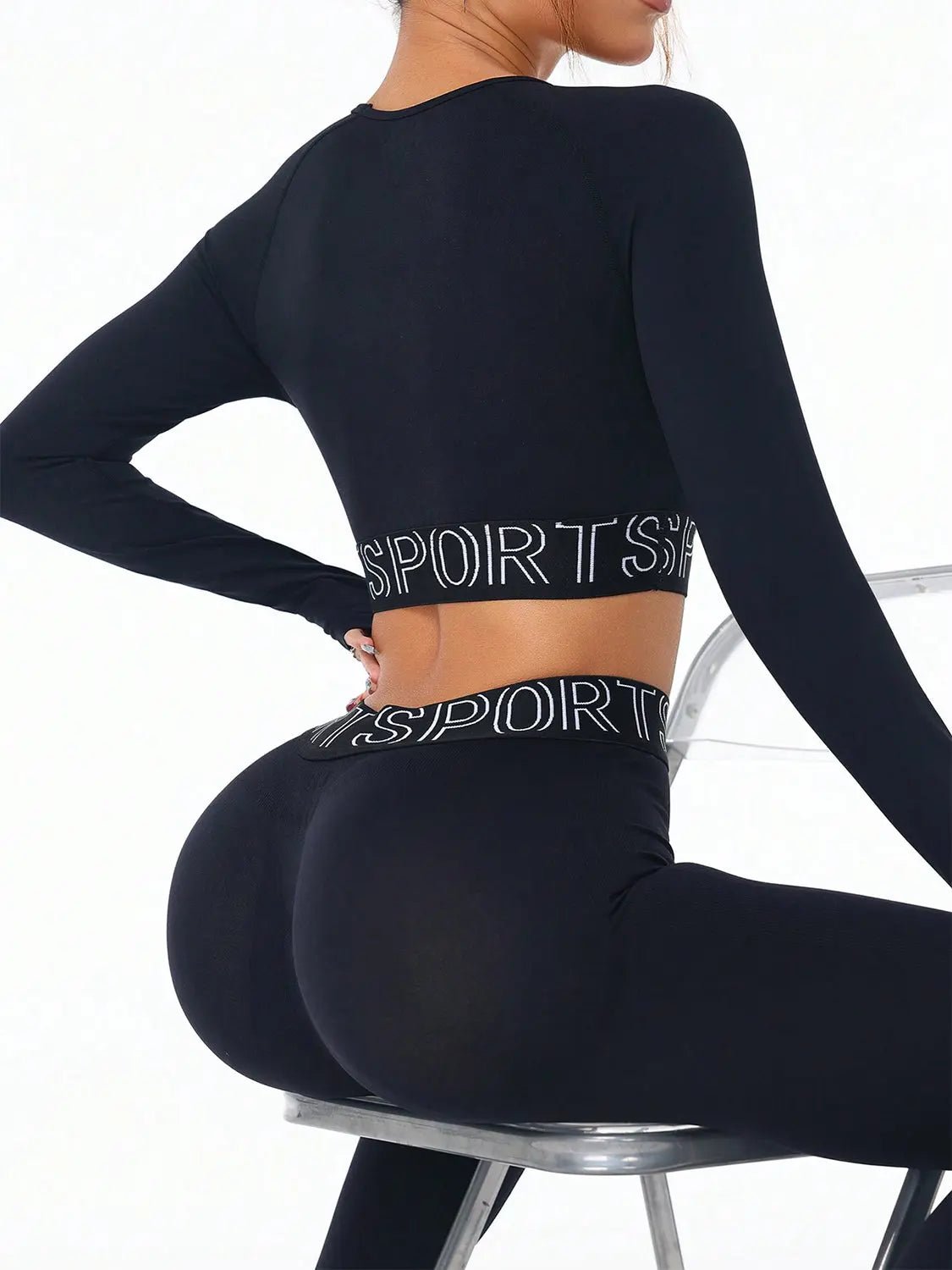 Letter Print Round Neck Long Sleeve Top and Leggings Active Set - GlossiChic Collection Black / S GlossiChic Collection Activewear