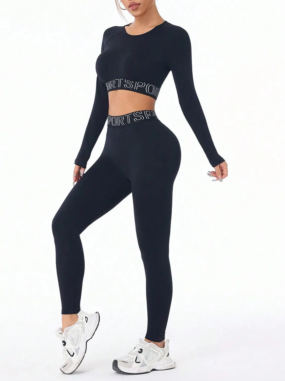 Letter Print Round Neck Long Sleeve Top and Leggings Active Set - GlossiChic Collection Black / S GlossiChic Collection Activewear