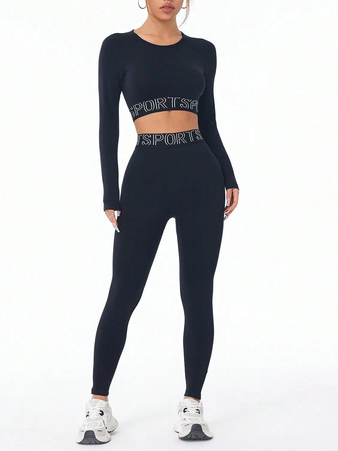 Letter Print Round Neck Long Sleeve Top and Leggings Active Set - GlossiChic Collection Black / S GlossiChic Collection Activewear
