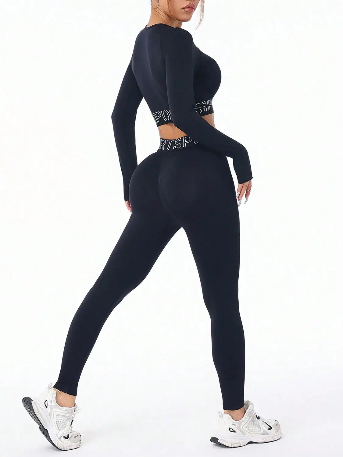 Letter Print Round Neck Long Sleeve Top and Leggings Active Set - GlossiChic Collection Black / S GlossiChic Collection Activewear