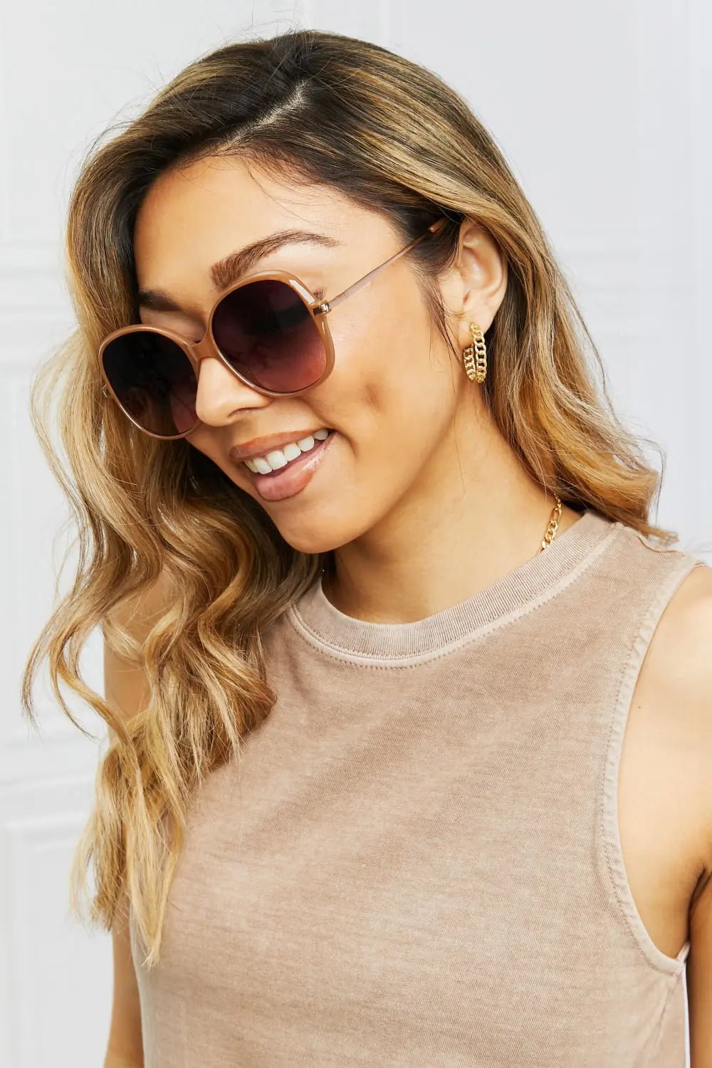 Metal-Plastic Hybrid Full Rim Sunglasses - GlossiChic Collection Caramel / One Size GlossiChic Collection Sunglasses