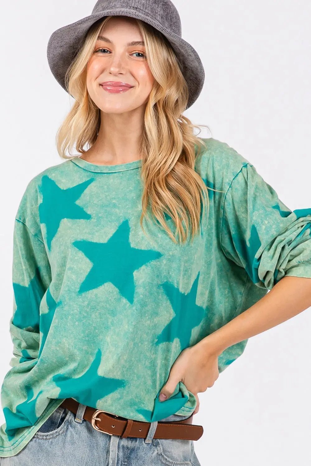 Mineral Wash Star Pattern T-Shirt - GlossiChic Collection Turquoise / S GlossiChic Collection Shirts & Tops