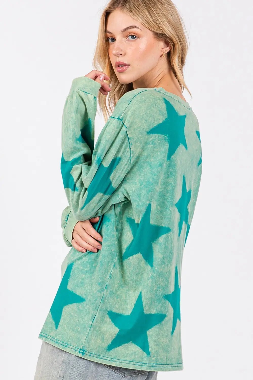 Mineral Wash Star Pattern T-Shirt - GlossiChic Collection Turquoise / S GlossiChic Collection Shirts & Tops