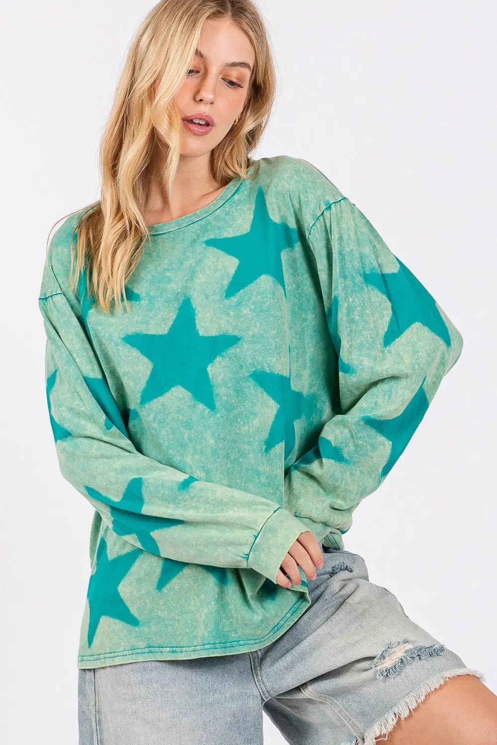 Mineral Wash Star Pattern T-Shirt - GlossiChic Collection Turquoise / S GlossiChic Collection Shirts & Tops