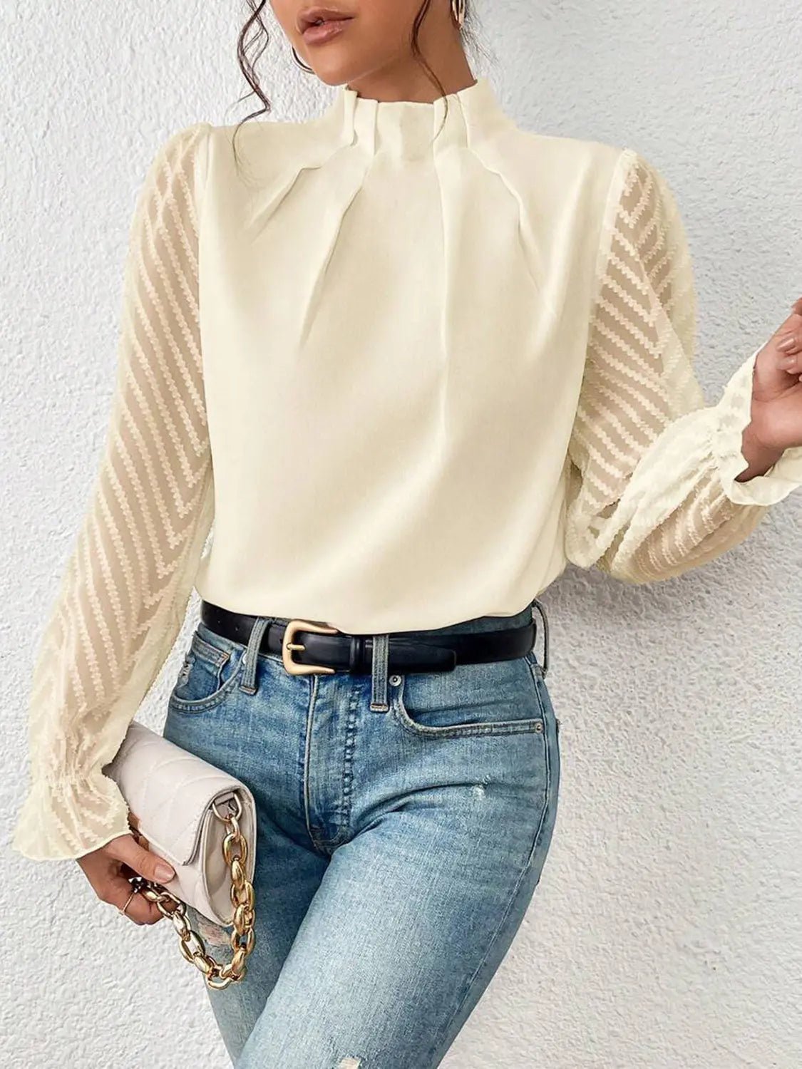 Mock Neck Flounce Sleeve Blouse - GlossiChic CollectionShirts & Tops