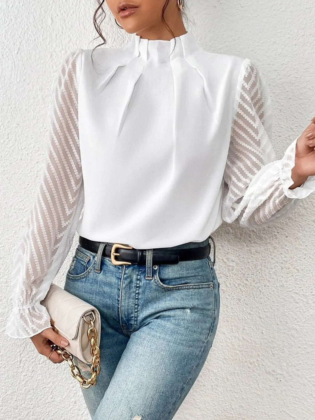 Mock Neck Flounce Sleeve Blouse - GlossiChic CollectionShirts & Tops