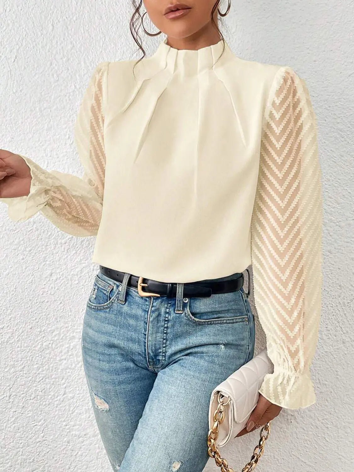 Mock Neck Flounce Sleeve Blouse - GlossiChic CollectionShirts & Tops