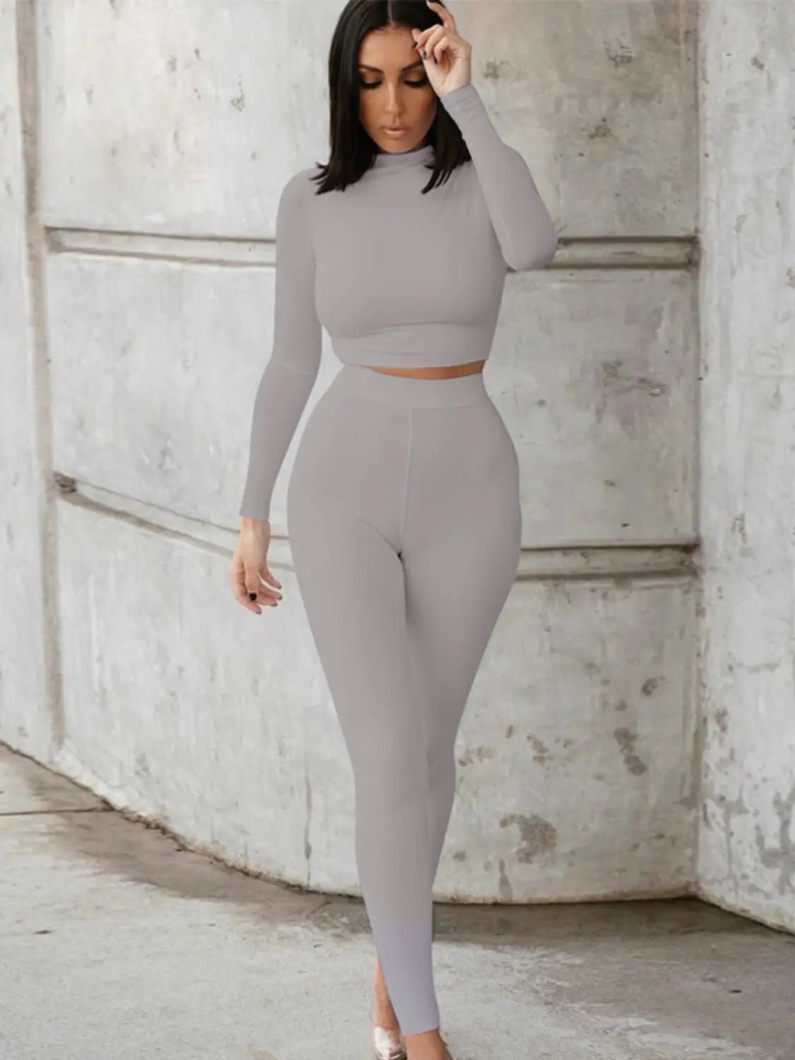 Mock Neck Long Sleeve Top and High Waist Pants Set - GlossiChic Collection Gray / S GlossiChic Collection Outfit Sets
