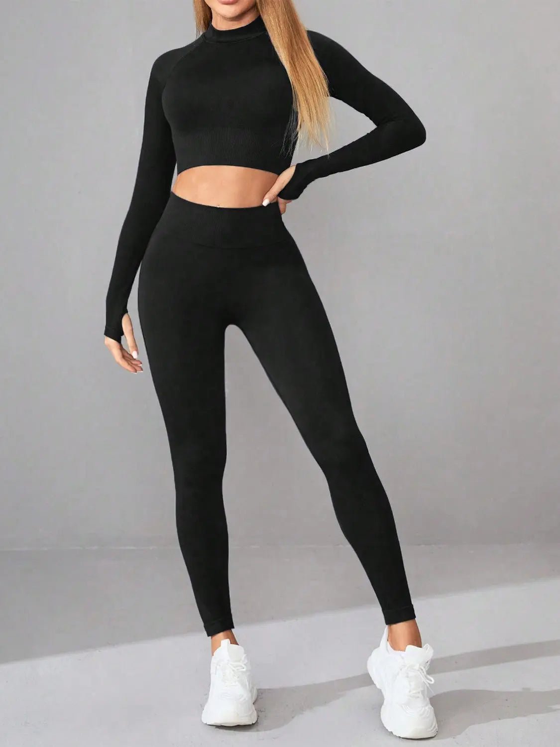 Mock Neck Long Sleeve Top and Leggings Active Set - GlossiChic Collection Black / S GlossiChic Collection Activewear