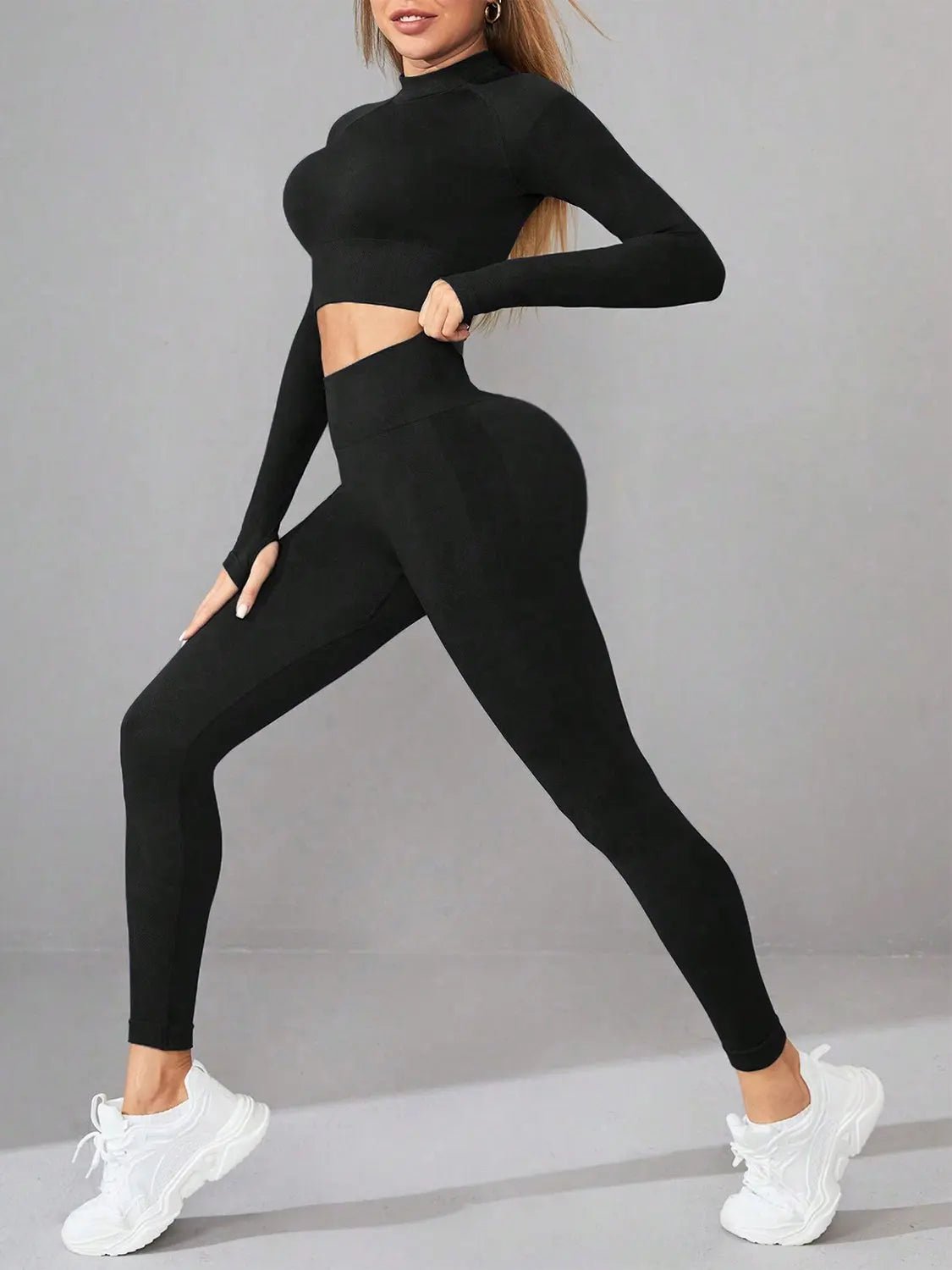 Mock Neck Long Sleeve Top and Leggings Active Set - GlossiChic Collection Black / S GlossiChic Collection Activewear