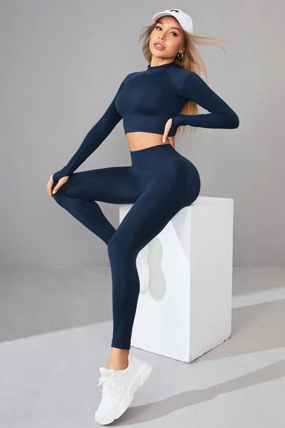 Mock Neck Long Sleeve Top and Pants Active Set - GlossiChic Collection Dark Blue / S GlossiChic Collection Activewear