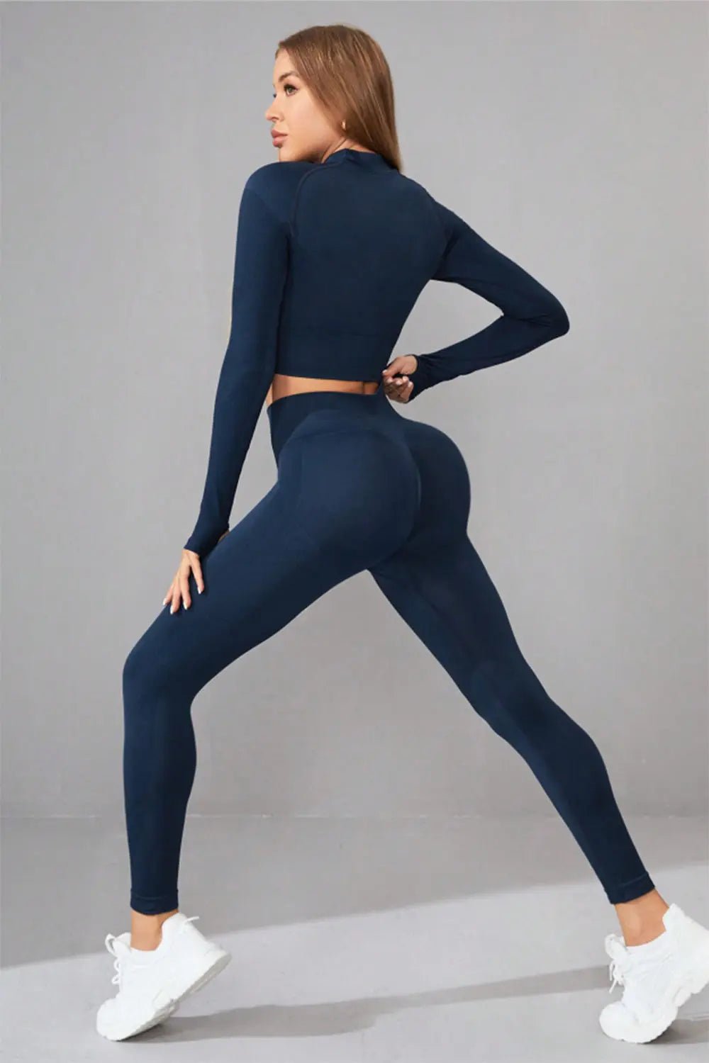 Mock Neck Long Sleeve Top and Pants Active Set - GlossiChic Collection Dark Blue / S GlossiChic Collection Activewear